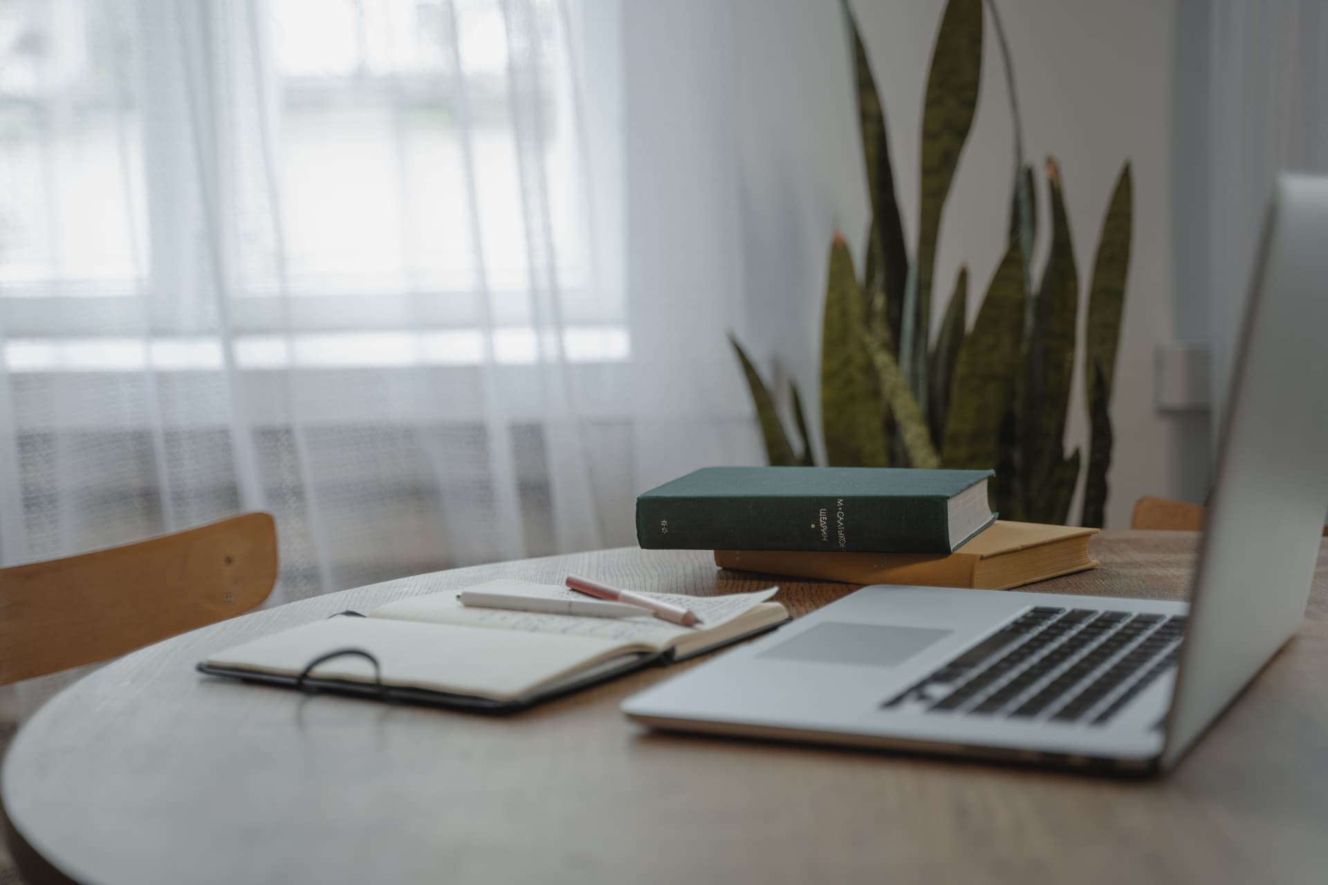 A quiet desk with a laptop, notebook, and plant in soft daylight